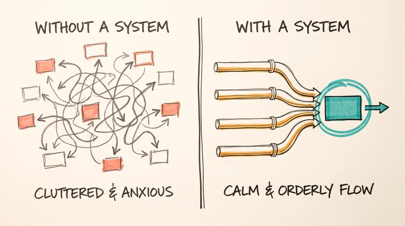 A tangle of scattered arrows labelled without a system beside four calm parallel pipes labelled with a system