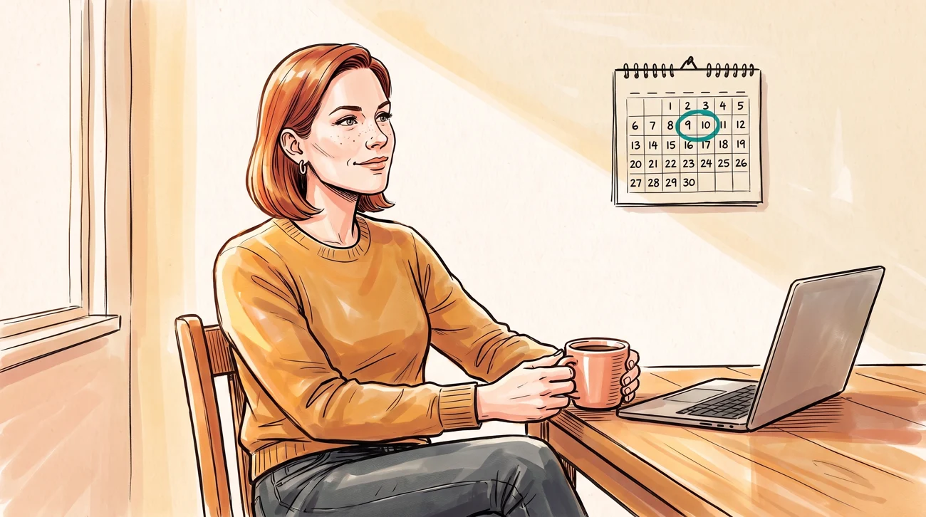 A woman sitting calmly at a sunlit kitchen table with coffee and a closed laptop