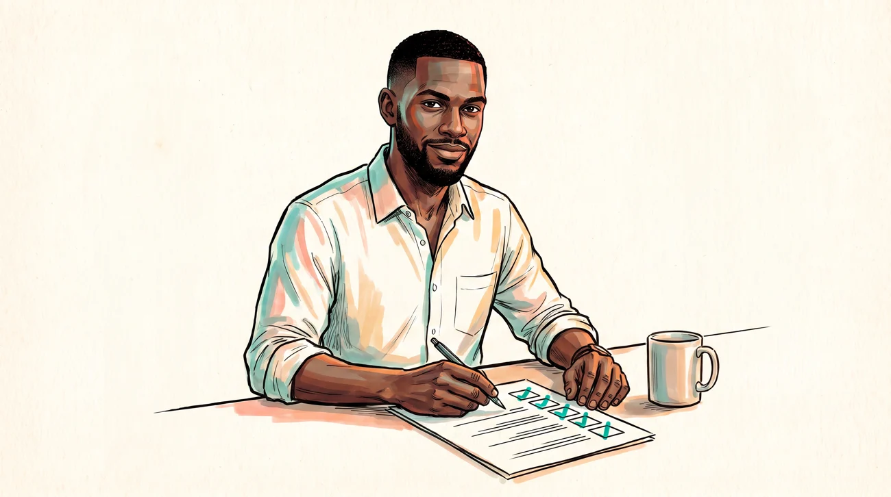 A man at a desk calmly ticking boxes on a printed checklist