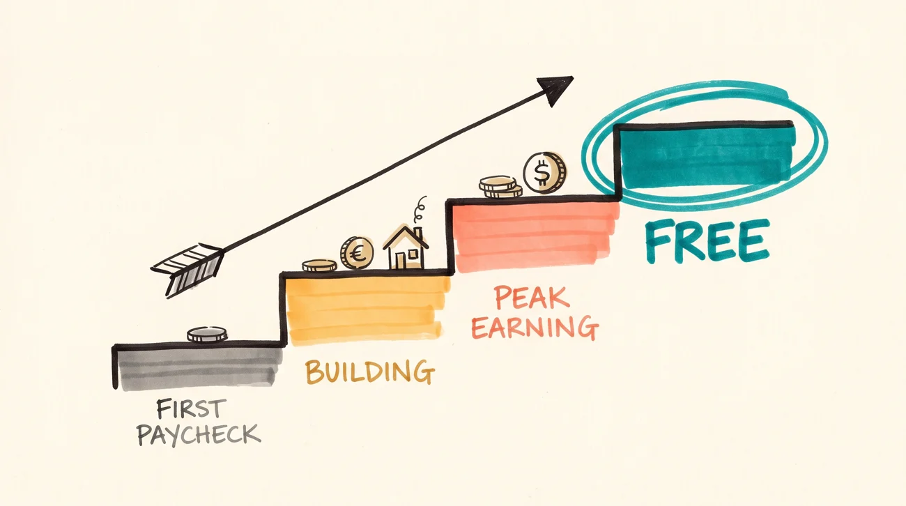 Four rising steps labelled first paycheck, building, peak earning, and free