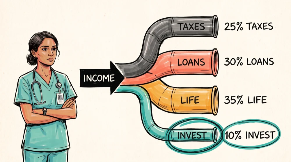Income splitting into taxes, loans, life and invest, with invest circled